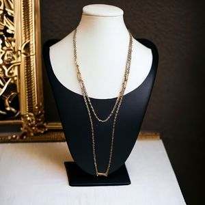 Vintage Skinny Lariat Necklace Gold Tone Chain & Station Bar Extra Long 70s 54"